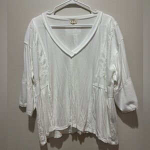 POL V-Neck Lace Trim Blouse Ribbed Oversized Flowy Boho Romantic Drapey White